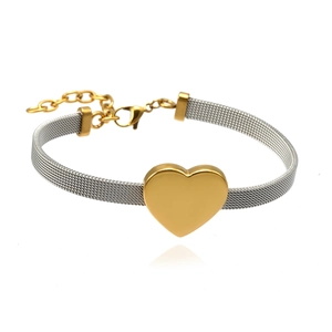 Bracciale cuore bicolore minimalista con cinturino in maglia argento e oro 18 carati