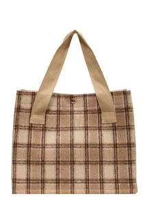 Classic plaid wool tote bag for women with beige canvas handles on white background