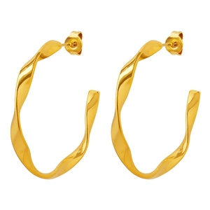 Vintage-style twisted cable C-shape hoop earrings in polished gold titanium steel