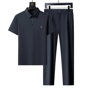 Men Business Casual Polo Shirt And Trousers Set Ice Satin High Elasticity Seamless Short Sleeve Breathable Suit
