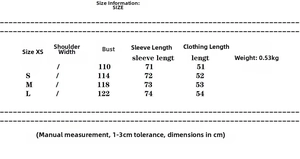 Detailed size guide table for women short trench coat with measurements in centimeters