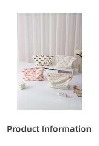 Detail view of four cotton cosmetic bags with bow patterns and branded woven label