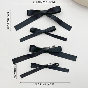Set of four black satin bow hair clips for women with metal duckbill clip backing