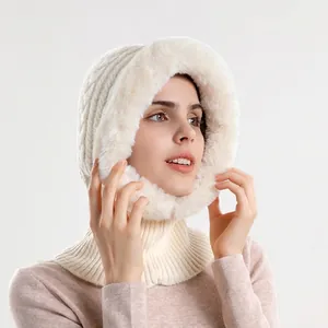 Winter knit hooded scarf for women in cream white with plush faux fur lining
