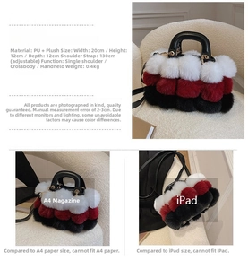 Detail of plush color-block handbag showing PU material stitching and compact dimensions