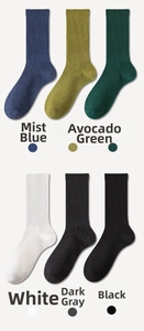 Detail showing ribbed texture of cotton crew socks in six assorted colors on white background