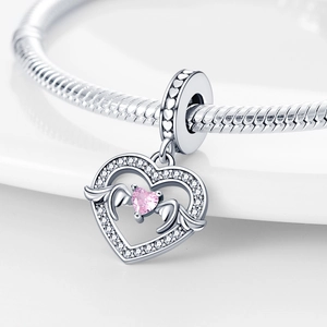 Silver heart wing charm with pink zircon stones for DIY jewelry making