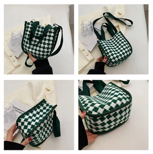 Detailed views of a green and white checkered knit tote bag in a stylish INS lifestyle setting
