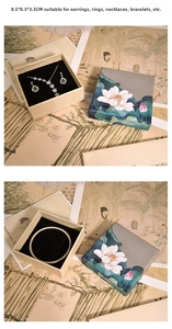Macro detail of paper jewelry box featuring elegant lotus art and soft black velvet lining