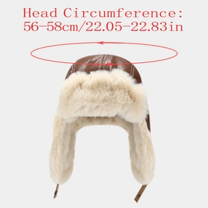 Size guide showing head circumference for brown leather ushanka with faux fur lining