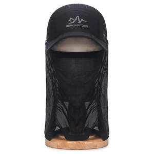 Foldable black outdoor sun hat with mesh face mask and neck protection cover