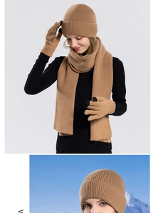 Three-piece camel knit set showing touch screen gloves, warm scarf and beanie hat detail