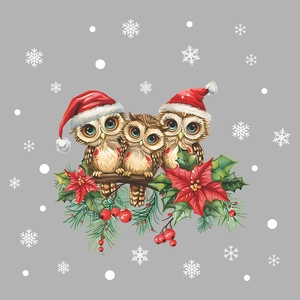 Christmas owl wall decals featuring three owls in Santa hats with poinsettia and pine needles
