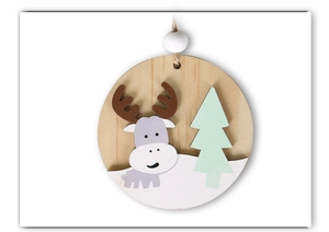 Detail of wooden Christmas tree ornament with 3D reindeer and natural jute string