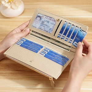Women Long Wallet Genuine Cowhide Leather RFID Blocking Clutch Pebbled Texture Multiple Card Slots Zipper Coin Purse