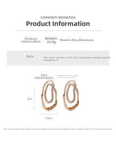 Detail view showing dimensions of 6x3.4cm gold plated rhinestone double hoop earrings