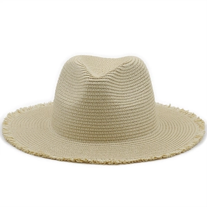 Straw fedora hat with frayed edges for summer sun protection in light beige finish