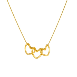 Gold-plated stainless steel necklace featuring three interlocking heart pendants on a fine chain