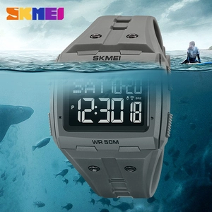 Classic square digital sports watch for men waterproof to 50m with gray matte finish
