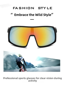 Close-up of professional black cycling glasses with orange-red reflective coating lens