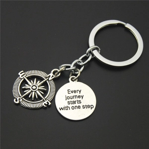 Detailed macro view of silver metal keychain with compass and inspirational quote pendant