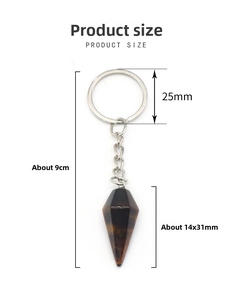 Detailed dimensions of tiger eye crystal conical keychain with silver metal chain