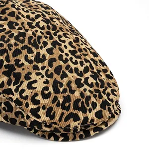 Cotton leopard print flat cap with foldable wide brim for casual vintage styling