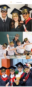 Close-up of graduation photo booth props with glittery GRAD and mortarboard designs
