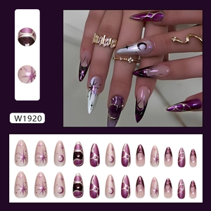 Purple cat eye press on nails with 3D star moon charms and almond shape tips