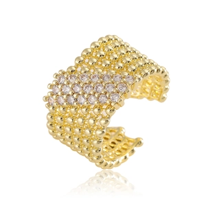 18K gold plated geometric open ring with micro-beaded edges and rows of white zircons