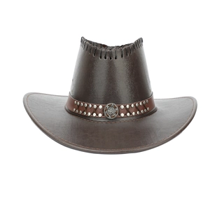 Detailed view of dark brown faux leather cowboy hat with silver rivets and metal gear logo