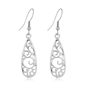 Close-up of silver drop-shaped hollow pattern earrings with elegant hook design