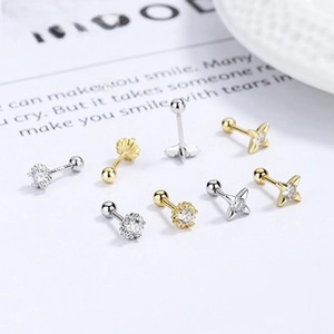 Detailed set of 925 silver star stud earrings with zircon stones in gold and silver plating