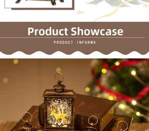 Detail of vintage bronze Christmas lantern with reindeer snow scene and warm LED light
