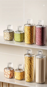 Detailed set of 8 clear food storage containers with integrated measuring cup lids