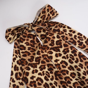 Detailed view of the leopard print fabric texture and a large decorative bow accessory
