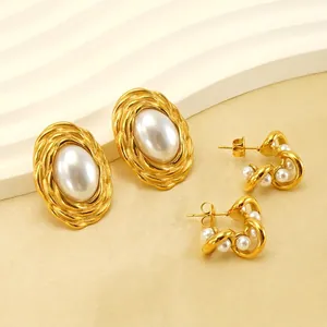 Vintage French Artificial Pearl Stud Earrings For Women Stainless Steel 18K Gold Plated Twisted Geometric Jewelry Elegant
