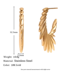 18K gold plated stainless steel wing earrings with radiant texture for women