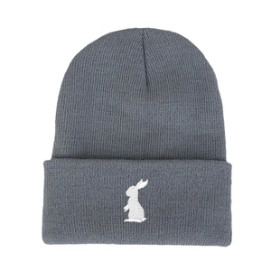 Minimalist grey knit beanie with white rabbit embroidery for autumn and winter warmth