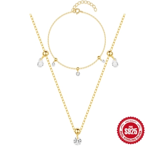 Elegant gold S925 sterling silver necklace and bracelet set with geometric zircon crystals