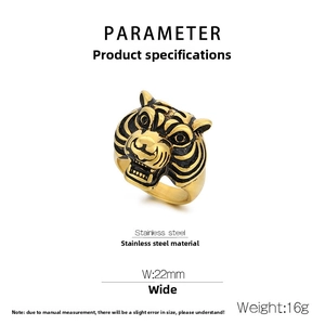 Detailed parameter view of roaring tiger head ring in golden stainless steel finish