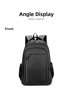 Front view of black waterproof business backpack with multiple functional zippers