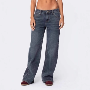 Women's baggy low waist wide leg jeans in vintage washed dark gray denim style