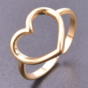 Detail shot of a minimalist gold hollow heart ring featuring a polished metal finish