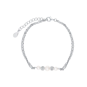 925 Sterling Silver Bracelet With White Artificial Pearls And Zircon Balls Double Layer Geometric Chain Elegant Jewelry For Women