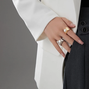 Square textured band ring with large white pearl in elegant gold and silver finishes