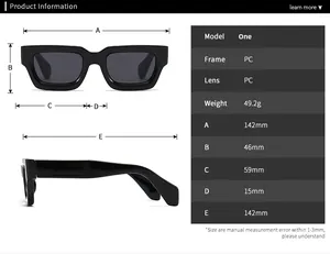 Detailed size chart for irregular polygon sunglasses showing lens and frame dimensions