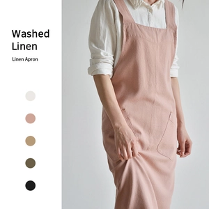 Pink washed linen apron for gardening and home with straps and functional pockets