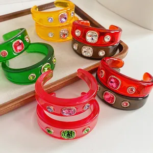 Vintage Resin Cuff Bracelet Chunky Rhinestone Inlaid Open Bangle Retro Fashion Jewelry For Women