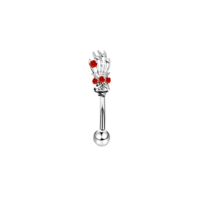Detail view of silver eyebrow ring featuring a skull hand holding red cubic zirconia flowers